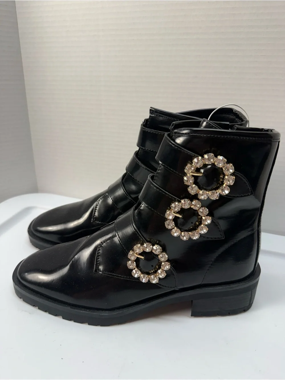 Nanette Lepore Iggy Black Patent Leather Buckle-Embellished Ankle Boots NEW 7